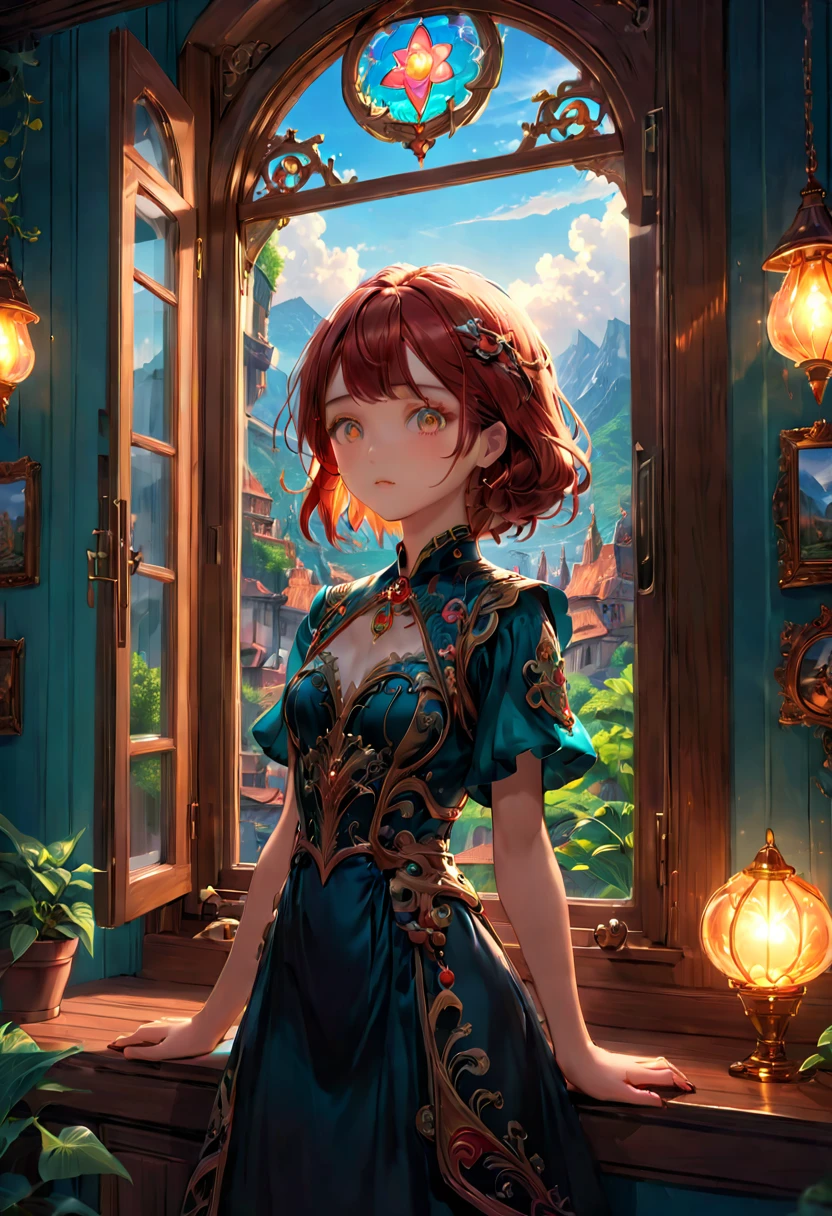 1girl, The View Outside the Window, The view through a window to a magical world, Epic cinematic brilliant stunning intricate meticulously detailed dramatic atmospheric maximalist digital matte painting . masterpiece, best quality, very aesthetic, absurdres, aesthetic