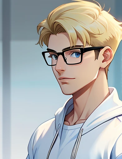 Human Male Young ,Villain Autism , Blonde short hair  , Glasses , blue hoodie , ((white shirt))