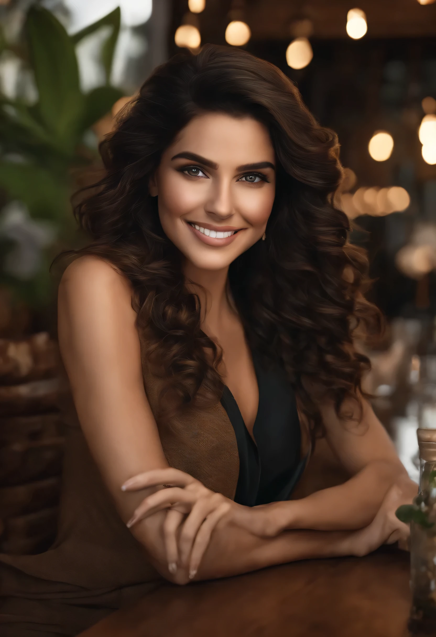 1 mulher adulta, Cabelo comprido, cabelo encaracolado, cabelo tingido de preto, pele suave, olhos castanhos, sorriso, vegetation, Ocasional, Business Woman Style Clothes, Blaser marrom claro, realista, with experience in a luxury restaurant, oponente 8k realista, super detalhado e realista