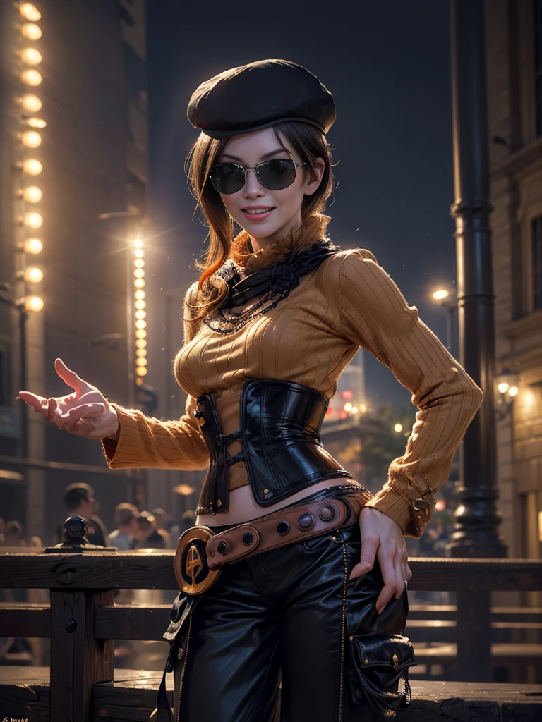 (masterpiece,stunning girlfriend, (standing:1.1), dynamic pose, heart shaped face,elegant face, beautiful face, highly detailed face, highly detailed skin, skin pores, subsurface scattering, realistic pupils, loving smile, looking at viewer, full lips, detailed background, depth of field, atmospheric perspective, volumetric lighting, sharp focus, absurdres, realistic proportions, good anatomy, (realistic, hyperrealistic:1.4), 16k hdr, (masterpiece, best quality:1.2), cowboy shot, solo, 1girl, coco adel, grin, looking at viewer, hand on hip, beret, sunglasses, orange sweater, corset, black gloves, pants, jewelry, belt, standing outdoors, theater, orchestra, audience, crowd