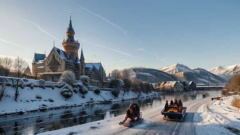German medieval castle on a frozen river in the style of the artist Duntze, winter, clear pre-sunset air, a small town in the distance, behind it are mountains in a bluish haze, on ice a horse pulls a sleigh, people are skating nearby, 19th century