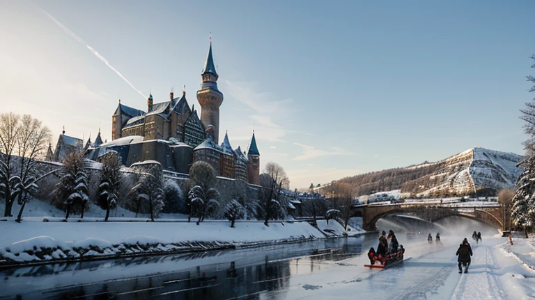 German medieval castle on a frozen river in the style of the artist Duntze, winter, clear pre-sunset air, a small town in the distance, behind it are mountains in a bluish haze, on ice a horse pulls a sleigh, people are skating nearby, 19th century