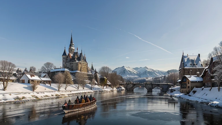 German medieval castle on a frozen river in the style of the artist Duntze, winter, clear pre-sunset air, a small town in the distance, behind it are mountains in a bluish haze, on ice a horse pulls a sleigh, people are skating nearby, 19th century