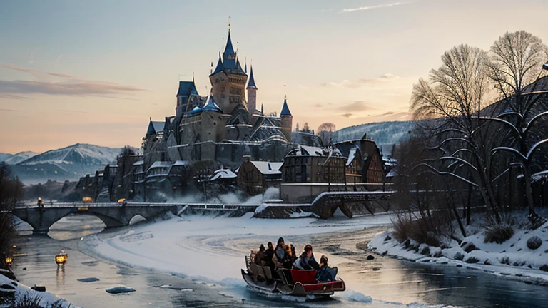 German medieval castle on a frozen river in the style of the artist Duntze, winter, clear pre-sunset air, a small town in the distance, behind it are mountains in a bluish haze, on ice a horse pulls a sleigh, people are skating nearby, 19th century