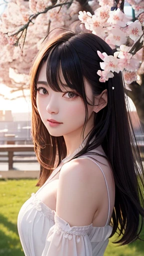 (logo、masterpiece、8k、Tabletop、RAW Photos、wonderful、最high quality、フォトリアリスティックでVery detailedな CG 統合 8k 壁紙、high quality、Very detailed、Narrative poem、Particle Effects、Dynamic Effects、Written boundary depth、Cinematic Light、Lens flare、Ray Tracing)、Fantasy、 (1 Beauty、dress、dress、Cherry blossom pattern、Black-haired、Beautiful Face、True Face、Beautiful details、eye、Beautiful Skin)、髪がWindで踊る、Hair flutters in Wind、Hair bounces、Pink cherry blossom tree、Petals flutter、SakuraFubuki、wonderful景色、Morning Glow、Sun in the background、Wind、