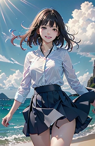 very cute and beautiful girl,White sundress with small frills,(very detailed美しい顔と目:1.2),
cowboy shot,smile,black hair,dynamic pose,dynamic angle,looking at the viewer,
walk on the beach,Steep cliffs in the distance,(highest quality,masterpiece:1.2),(intricate details),very detailed,High resolution,
1 girl,alone,Natural light,hair blowing in the wind,skirt fluttering in the wind,beautiful and detailed sky,