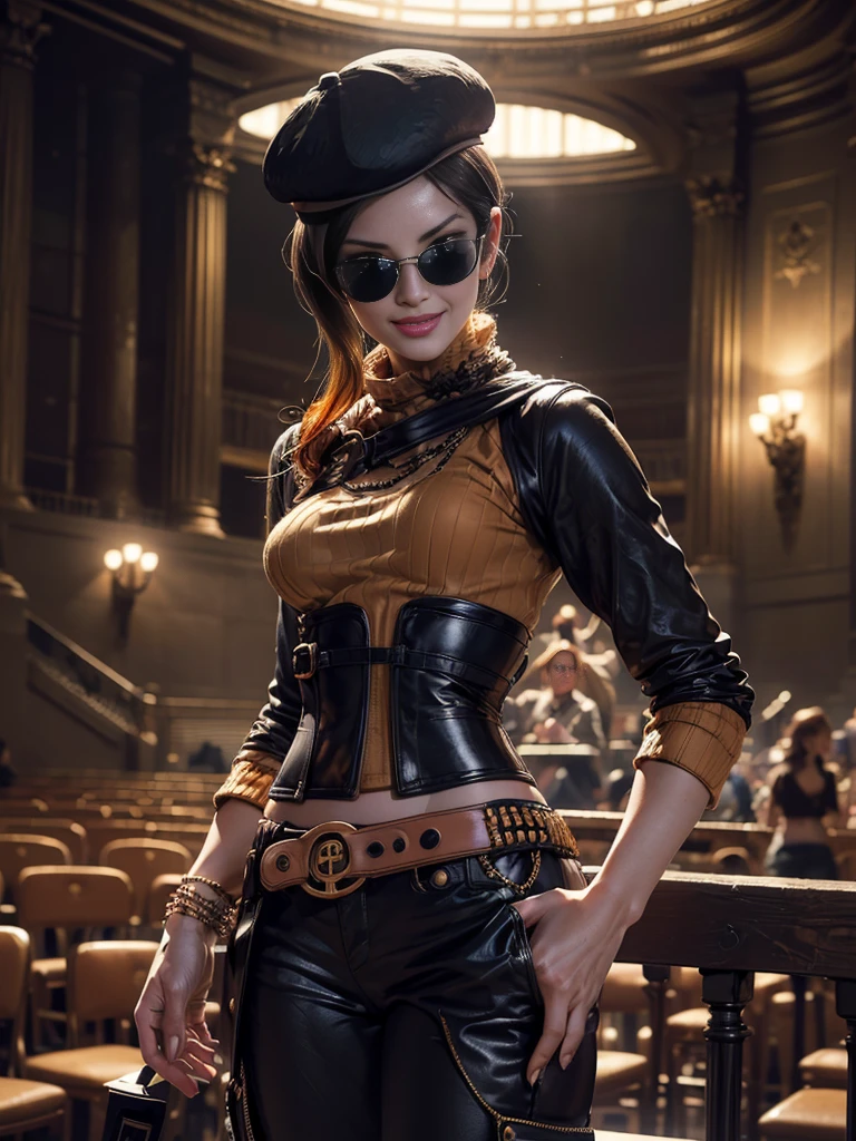 (masterpiece,stunning girlfriend, (standing:1.1), dynamic pose, heart shaped face,elegant face, beautiful face, highly detailed face, highly detailed skin, skin pores, subsurface scattering, realistic pupils, loving smile, looking at viewer, full lips, detailed background, depth of field, atmospheric perspective, volumetric lighting, sharp focus, absurdres, realistic proportions, good anatomy, (realistic, hyperrealistic:1.4), 16k hdr, (masterpiece, best quality:1.2), cowboy shot, solo, 1girl, coco adel, grin, looking at viewer, beret, sunglasses, orange sweater, corset, black gloves, pants, jewelry, belt, standing outdoors, theater, orchestra, audience, crowd