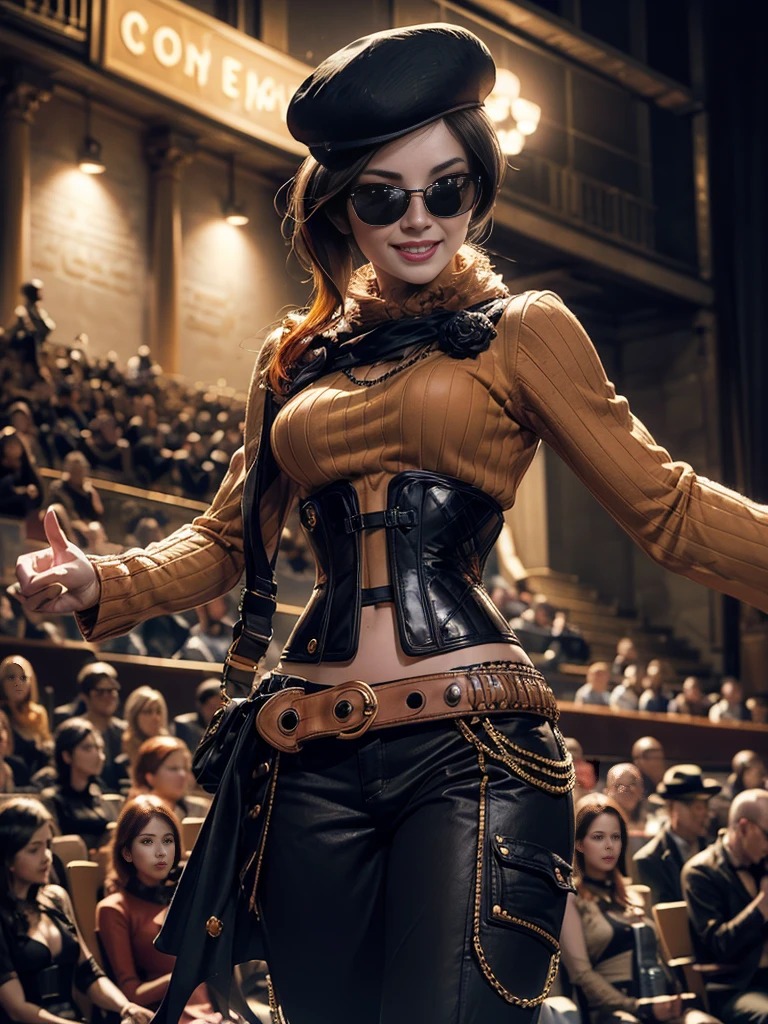 (masterpiece,stunning girlfriend, (standing:1.1), dynamic pose, heart shaped face,elegant face, beautiful face, highly detailed face, highly detailed skin, skin pores, subsurface scattering, realistic pupils, loving smile, looking at viewer, full lips, detailed background, depth of field, atmospheric perspective, volumetric lighting, sharp focus, absurdres, realistic proportions, good anatomy, (realistic, hyperrealistic:1.4), 16k hdr, (masterpiece, best quality:1.2), cowboy shot, solo, 1girl, coco adel, grin, looking at viewer, beret, sunglasses, orange sweater, corset, black gloves, pants, jewelry, belt,  standing outdoors, theater, orchestra, audience, crowd