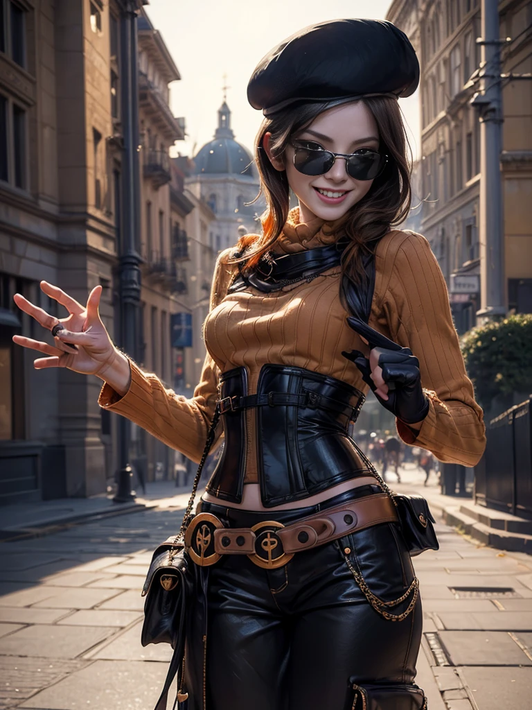 masterpiece,stunning girlfriend, (standing:1.1), dynamic pose, heart shaped face, elegant face, beautiful face, highly detailed face, highly detailed skin, skin pores, subsurface scattering, realistic pupils, loving smile, looking at viewer, full face blush, full lips, detailed background, depth of field, atmospheric perspective, volumetric lighting, sharp focus, absurdres, realistic proportions, good anatomy, (realistic, hyperrealistic:1.4), 16k hdr, (masterpiece, best quality:1.2), cowboy shot, solo, 1girl, coco adel, grin, looking at viewer, beret, orange t-shirt, corset, black gloves, skirt, jewelry, belt, bandolier, sunglasses, sunset, standing in street, bookshop, crowd wearing sunglasses, ((sfw))