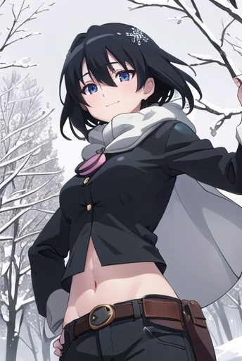 (best quality,masterpiece:1.2), (kurome:1.1), (short hair:1.1), (black hair:1.1), (hair between eyes:1.1), (pants:1.1), (belt:1.1), (fur trimmed jacket:1.1), (midriff:1.2), (peek:1.1), (smile:1.1), outdoors, (snow:1.1), (forest:1.1), (snowing:1.1), (portrait:1.1), (anime:1.1), (vivid colors:1.1), (winter scenery:1.1), (beautiful detailed eyes:1.1), (soft warm light:1.1), (blizzard:1.1), (magical atmosphere:1.1), (cheeks flushed by cold:1.1), (captivating expression:1.1), (playful pose:1.1), (majestic trees covered in snow:1.1), (dreamy ambiance:1.1), (shimmering snowflakes:1.1), (dainty footsteps on the snow:1.1), (peaceful tranquility:1.1), (subtle wind blowing through the forest:1.1), (ethereal beauty:1.1), (mystical aura:1.1), (exquisite attention to details:1.1), (enchanted winter wonderland:1.1), (deep sense of serenity:1.1), (magical girl:1.1), (sparkling ice crystals:1.1), (sweet innocence:1.1), (whispering pines:1.1), (dazzling snow-covered landscape:1.1), (gentle snowfall:1.1), (delicate features:1.1), (graceful silhouette:1.1)