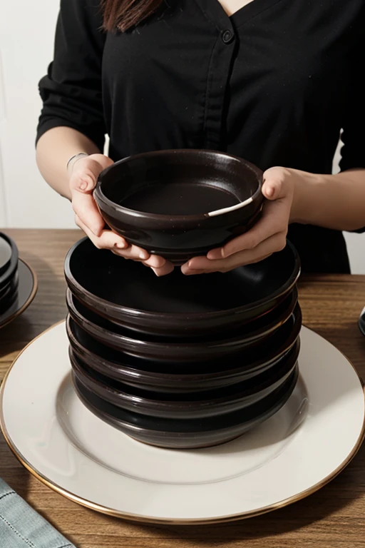 Set x 8 pcs black ceramic 4 dessert plates 20 cm 4 Cup 16 cm / 530 cc