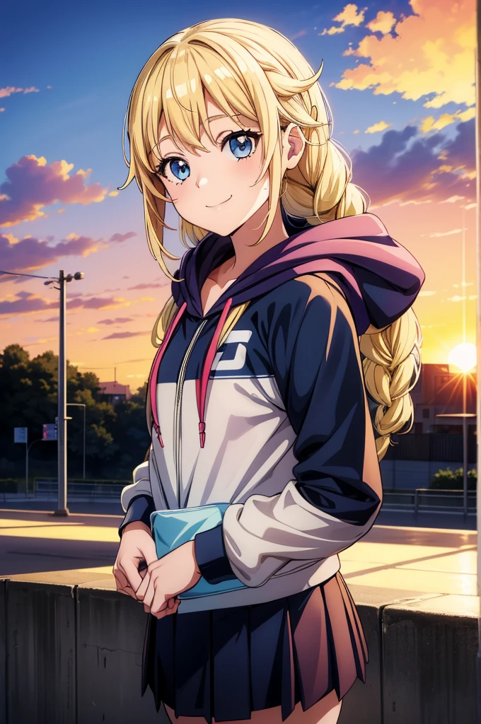 (1girl, blonde hair, track uniform, hoodie,school bag, buruma), (evening, sunset, outdoor, way to school, students, walking, smile), ((masterpiece)), ((best quality)), (ultra-detailed), AddXL, Eiko Tsukimi, blue eyes, braid, twin braid,(((blonde hair))),baseball cap