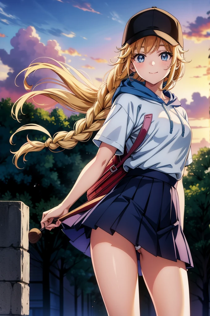 an anime girl on her back with a backpack walking, with her eyes narrowed, 1girl, solo, skirt, sunset, long hair, blue eyes, smile, bag, braid, blonde hair, hat, outdoors, short sleeves, baseball cap, pleated skirt, hood, sky, hoodie, blue skirt, cloud, underwear, ass visible through thighs, looking at viewer, panties, white hoodie