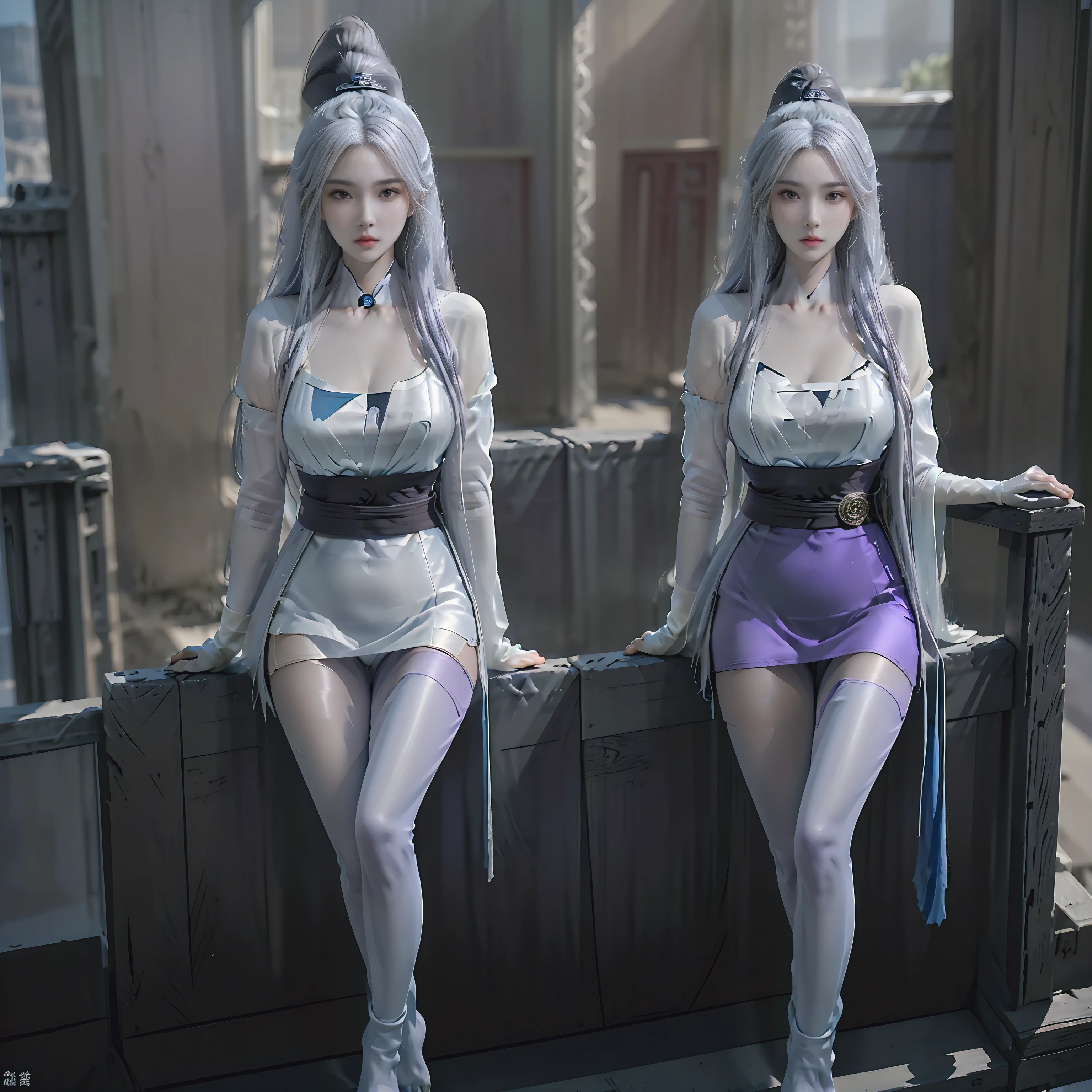 Photorealsitic, High resolution, 1 woman, Blue Long Hair, Beautiful eyes, normal breast, Ganyu clothes,gloves, Horns, Neck bell, pantyhose, Purple eyes, side locks, tassels, White sleeves,(ganyu \(GenshinImpact\))