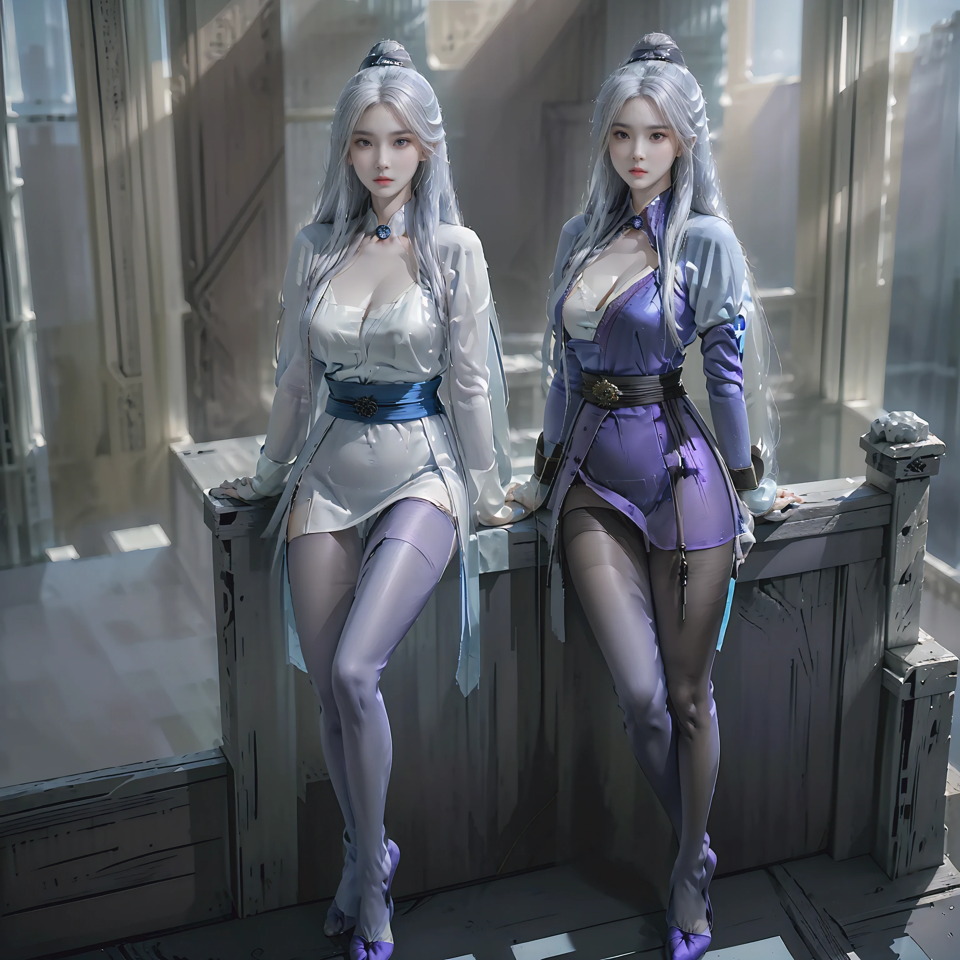 Photorealsitic, High resolution, 1 woman, Blue Long Hair, Beautiful eyes, normal breast, Ganyu clothes,gloves, Horns, Neck bell, pantyhose, Purple eyes, side locks, tassels, White sleeves,(ganyu \(GenshinImpact\))