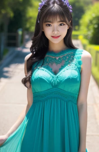 Fashion Model, perfect eyes, perfect iris, perfect lips, perfect teeth, perfect skin, shine, (calm colors:1.2), baby face woman,
Gorgeous Dress Up, Turquoise see-through lace dress,
Are standing, outside,
Kamimei, Photoreal, 8K image