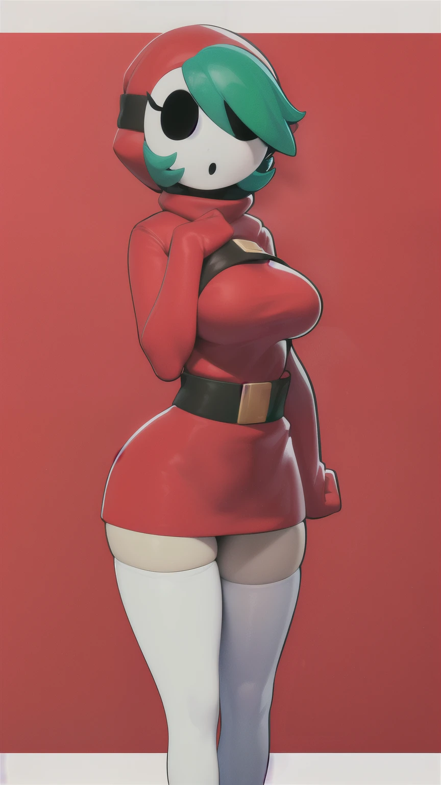 ((shygal)), mask, eyelashes, [solid background], [[light blue background]], (white border), (shaded), [3d], sleeves past wrists, (round eyes, wide eyes), (shadow), cartoony, (faceless), green hair, black eyes, breasts, no nose, 1girl, solo, [[belt]], (standing), clothes stretch, ((red hood), red skirt, hood, white thighhighs) masterpiece, (best quality:1.2), sharp image, detailed image, detailed face, perfect lighting, (perfect shadows), perfect face, (detailed background, depth of field), (4k, 2k, absurd res)