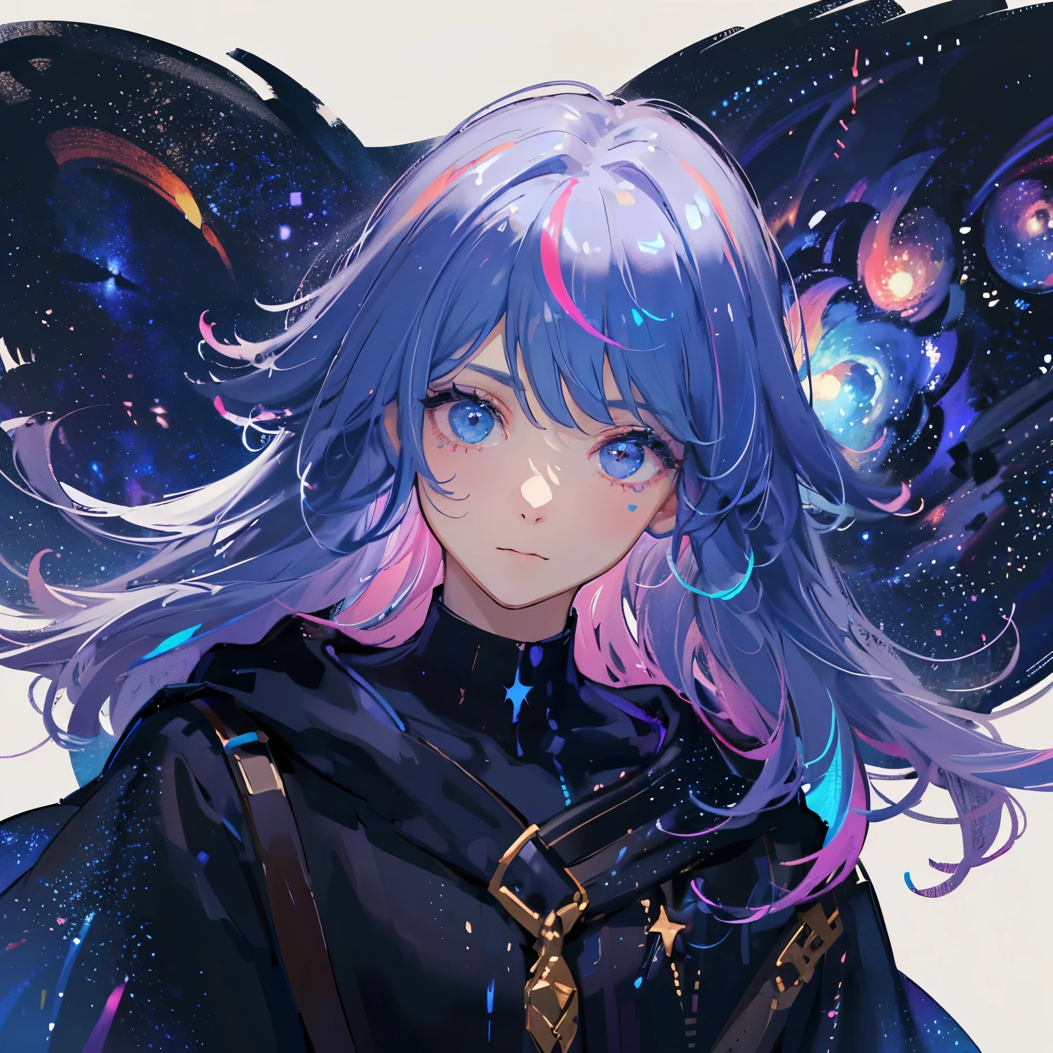 ((masterpiece)), (((best quality))), ((ultra-detailed)), ((illustration)),[realism light effect],shadow,(Fantasy style),(white background:1.6), simple background, (earth theme),(a cloak)[(hair focus,((1boy)),[(big slime hair): (cloud hair):0.3], (hair on background),(high saturation),(hair surrounded by galaxy splashes),)):((his hair is becoming galaxy clouds,:1.27628), (hair and clothes is galaxy clouds and cluster of stars:1.1025),(a cloak is becoming galaxy clouds)(colorful_galaxy_print_clusters_of_stars_print:1.35),((detailed starry sky with colorful galaxy and galaxy clouds):1.2)):0.35], (((masterpiece))),(((best quality))),((ultra-detailed)),(illustration),(dynamic angle),((floating)),(paint),((disheveled hair)),((beautiful detailed face)),collar,bare shoulders, ((colorful hair)),((streaked hair)),beautiful detailed eyes,(Gradient color eyes),(((colorful eyes))),(((colorful background))),(((high saturation))),(((surrounded by colorful splashes))),(((surrounded by colorful dot))),colorful bubble,((shining)),
