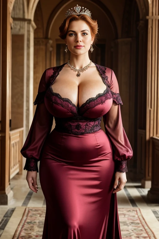 MILF, 2 QUEENS, , BBW, photo vintage, visage feminin parfait, GINGER , tache de rousseur, 1888, big huge breasts : 42H,FRONT VIEW, Rembrandt LIGHT , EXTREME LONG V-NECK, BIG CLEAVAGE, BEAUTIFUL EYES, BEAUTIFUL HANDS, LIGHT SMILES, PERFECT FACE, tres long décolleté, CASTLE BACKGROUND, QUEEN, NECKLACE, RING, JEWELERY RICH, SFW, FULL BODY, COLORFUL, ITALIAN,