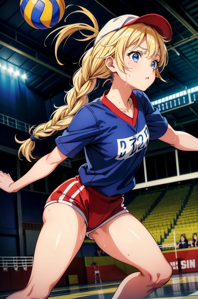 eiko tsukimi, blue eyes, red lips, (long hair, blonde hair, french braids, bangs), shiny skin, thurime, beautiful face, nice hands, perfect hands, skinny
(playing a match, smashing the ball, sweat)
(outfit: volleyball uniform, sports bikini, volleyball shorts)
(background: volleyball court, wooden floor, volleyball net, indoors stadium, crowd)
(((masterpiece, high quality, best illustration, high resolution, 1girl, solo))), volleyball uniform, sports bikini, holding volleyball ,Eiko Tsukimi, blue eyes, braid, twin braid,(((blonde hair))),baseball cap
