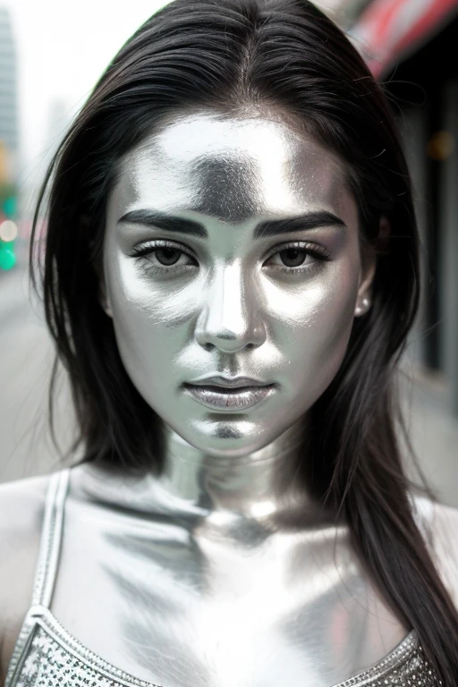 city street, neon, fog, volumetric, closeup portrait photo of beautiful young mexican woman silver living statue, intricate perfectly body head face metallic chrome silver paint, detailed facial head body, lifelike expression, living statue, metallic chrome silver tone , perfectly drawn face body head, black hair , (wearing silver tank top),