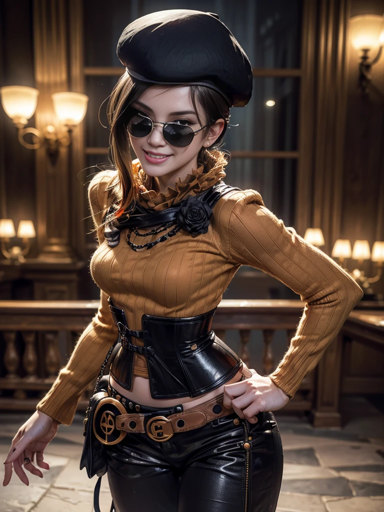 (masterpiece,stunning girlfriend, (standing:1.1), dynamic pose, heart shaped face,elegant face, beautiful face, highly detailed face, highly detailed skin, skin pores, subsurface scattering, realistic pupils, loving smile, looking at viewer, full lips, detailed background, depth of field, atmospheric perspective, volumetric lighting, sharp focus, absurdres, realistic proportions, good anatomy, (realistic, hyperrealistic:1.4), 16k hdr, (masterpiece, best quality:1.2), cowboy shot, solo, 1girl, coco adel, grin, looking at viewer, beret, sunglasses, orange sweater, corset, black gloves, pants, jewelry, belt, standing outdoors, crowd