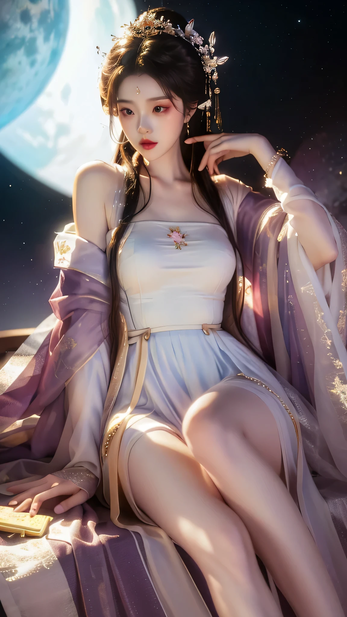 ((knee shot)), red lips, a mature woman, Exquisite makeup, ethnic style, lifelike、real picture、((realistically:1.5))、White phalaenopsis around hair,Lilac dendrobium、White Lily、1 girl、brown hair、flowing hair、plump breasts, Slim, Slender sexy legs, Charming legs, strike an elegant pose, Have extremely beautiful facial features、hairpins on head、perfect hands、(night、moon、cliff)、 vector art、Chinese contemporary art、soft light、look down