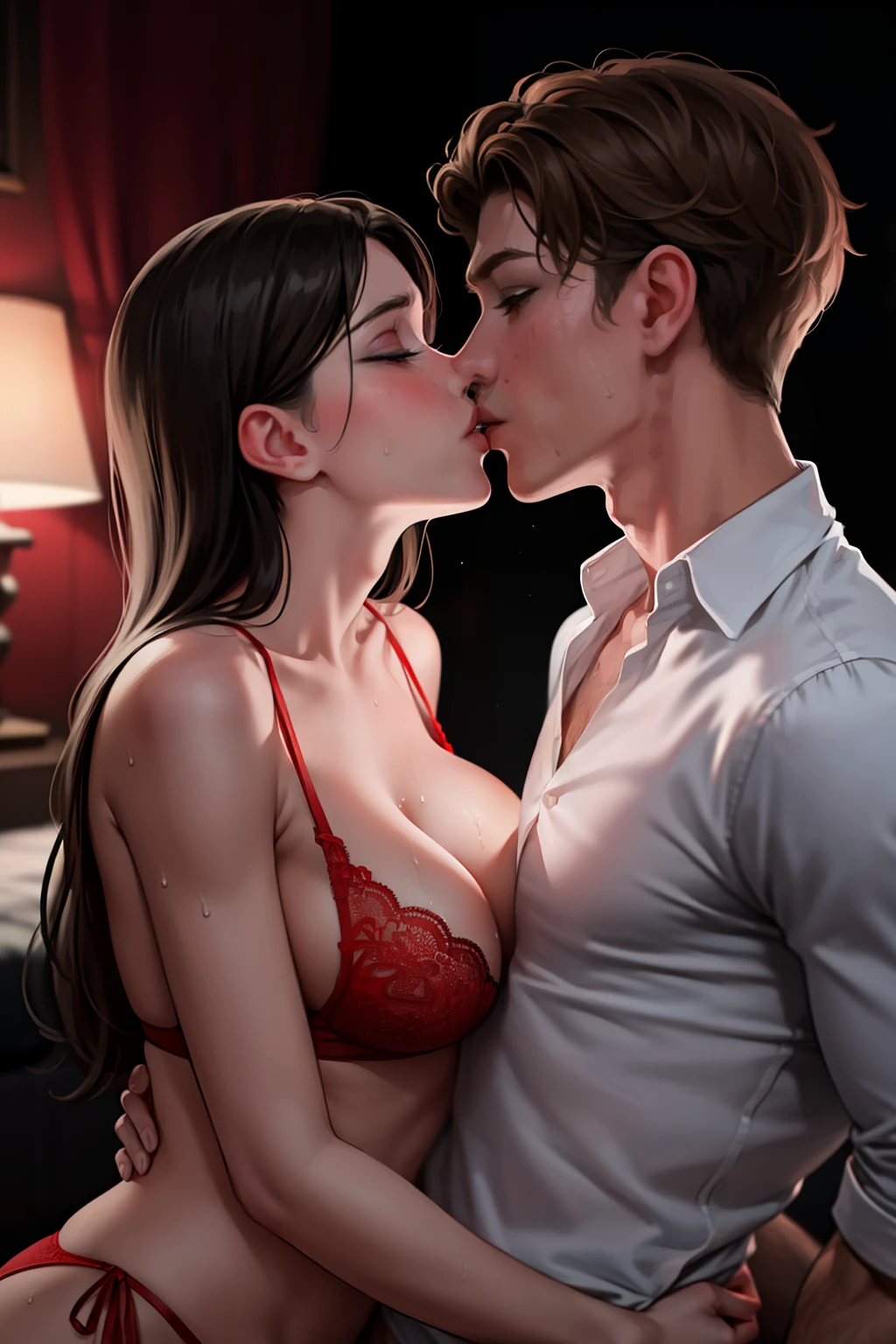  boy shirtless kissing woman wearing unbuttoned sheer white shirt and sexy red lingerie underneath, intense scene, dark room, one lamp, warm lighting, very erotic, sweaty, lustful, passionate, making out