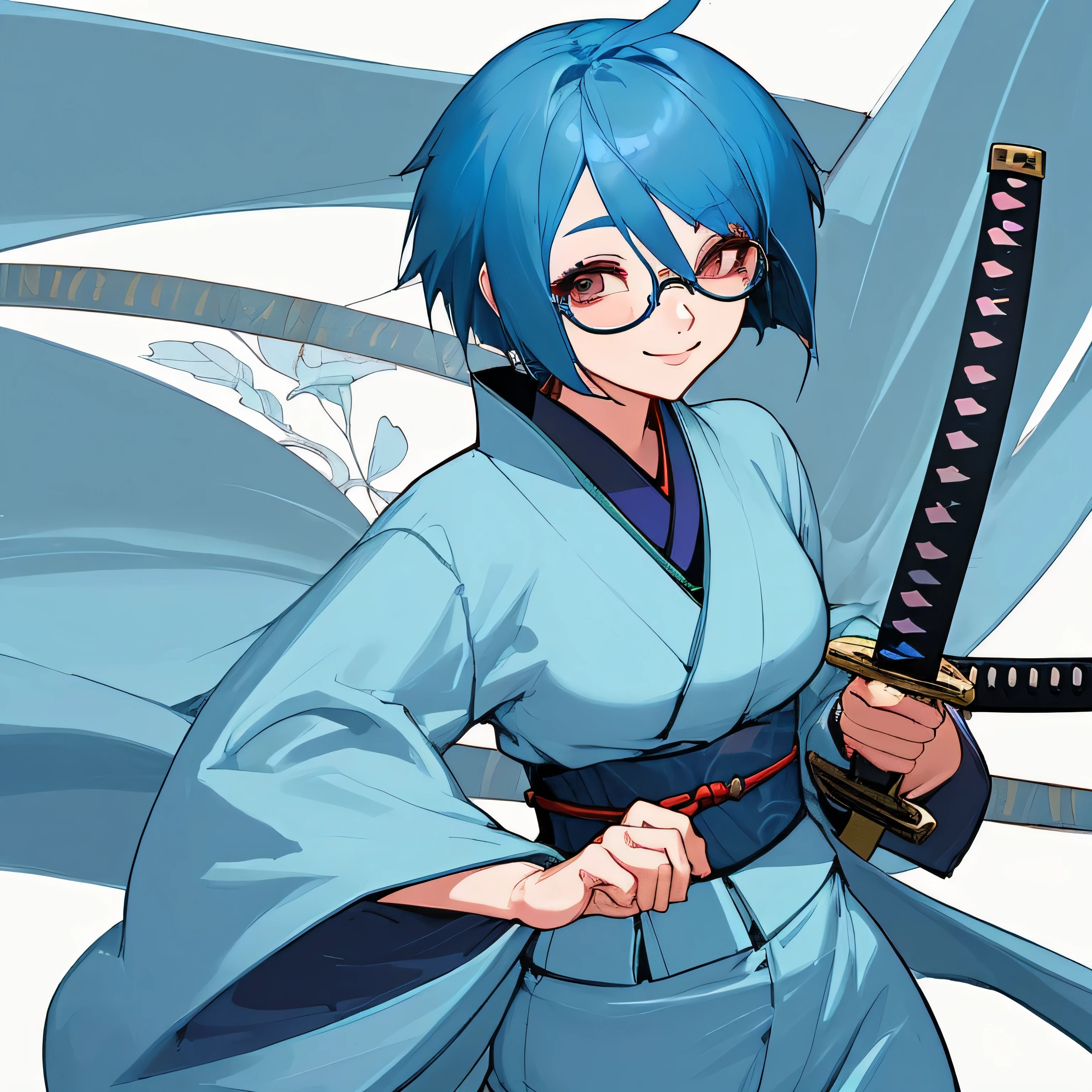 Make me feminim character anime girl with glasses and short blue hair, use blue kimono with smile, and hand hold katana