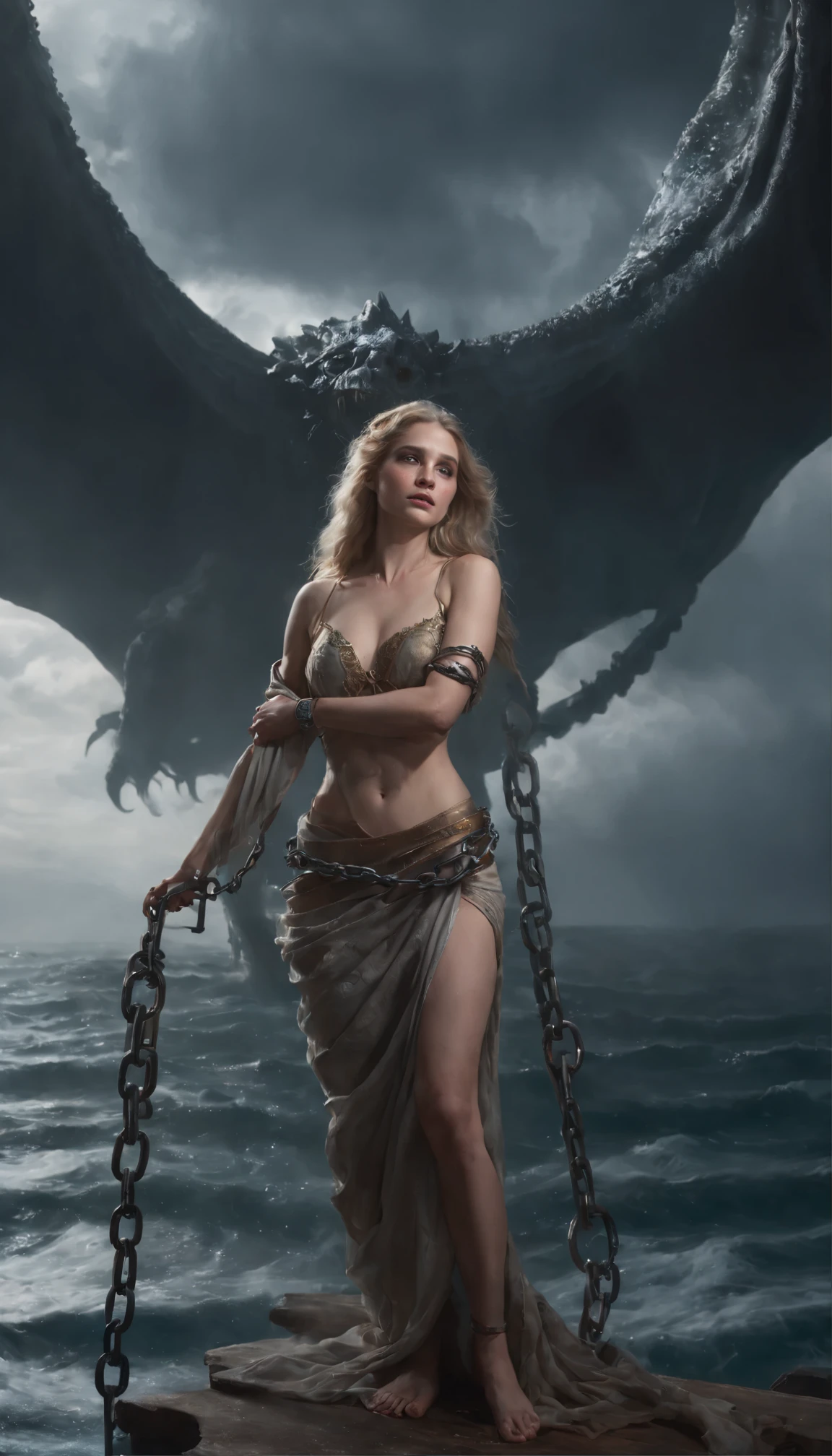 Sexy demon woman, chained, two giant wings, golden skin, standing, full body, long legs, thin waist, chain attached to her nipples, giant breasts, topless, chains across her body, huge hard nipples, thin chain piercing and connecting one nipple to the other, chains hanging from the giant nipples. (work of art), (topless), (HD quality), huge nipples connected by thin chains, provocative and sensual, erotic, enchanting, seductive. Dark clouds, night, storm, lightning, intense shadows, scary scenery. The demon woman is standing still in the middle of the ocean, she is trapped, chained to rocks, stones, surrounded by water, huge waves, lots of fog.