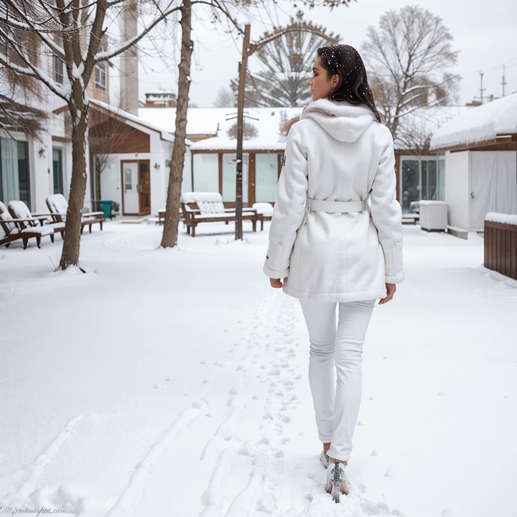 Female supermodel. Walking in the snow. Showing back. White snow paints. White fur coat.