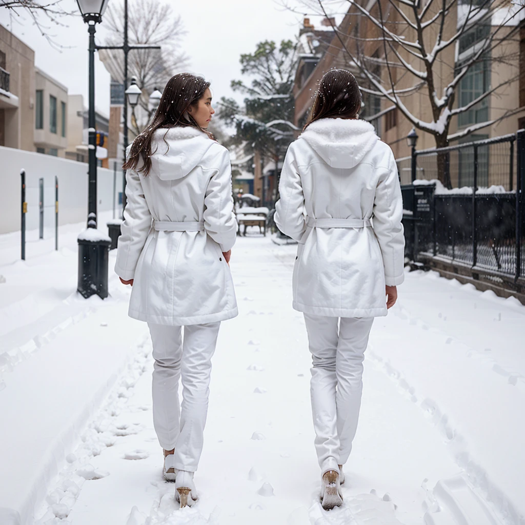Female supermodel. Walking in the snow. Showing back. White snow paints. White fur coat.