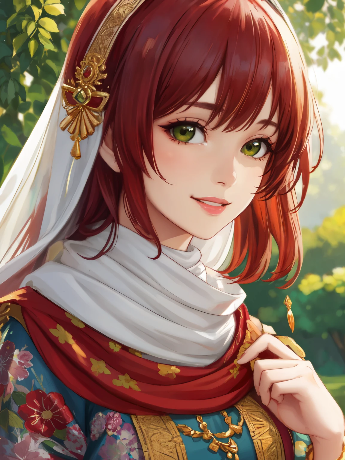 best quality,ultra-detailed,realistic,portrait,detailed eyes and face,detailed lips,beautiful girl,traditional hijab,cultural diversity,ethnicity,modest fashion,rich colors,soft lighting,peaceful garden,flower-filled background,vibrant atmosphere,smiling expression,natural pose,graceful movements,harmonious composition,high-resolution,painting-like textures,subtle gradients,Aesthetically pleasing aesthetics