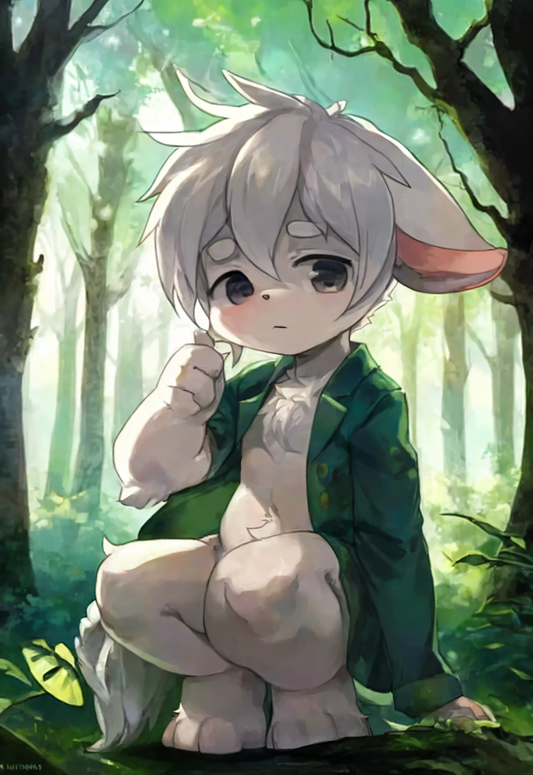 male，（rabbit），white hair，forest，Sunlight，Perfect light，hairy，animal ears，Tail，squatting position，Crouching very close，young，one person，Facing the camera，portrait，White clothes，front，