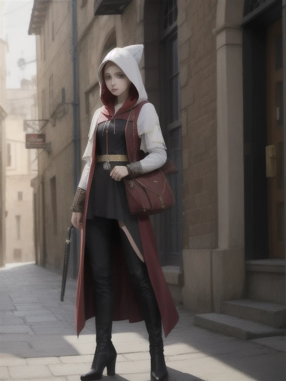 A full-body shot of Princess Zelda, rainbow hair, pale blue eyes, dressed as an Assassin from Assassins Creed, hood with gold details, XXL bust, using a wrist blade. Background: A city during the renaissance period. Unreal Engine 5, Anime, Anime style, Masterpiece, Well drawn eyes, well drawn face, well detailed eyes, well detailed face, 8k, light and shadow effect.