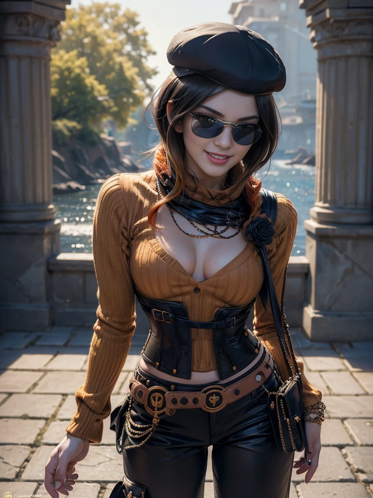 (masterpiece,stunning girlfriend, (standing:1.1), dynamic pose, heart shaped face,elegant face, beautiful face, highly detailed face, highly detailed skin, skin pores, subsurface scattering, realistic pupils, loving smile, looking at viewer, full lips, detailed background, depth of field, atmospheric perspective, volumetric lighting, sharp focus, absurdres, realistic proportions, good anatomy, (realistic, hyperrealistic:1.4), 16k hdr, (masterpiece, best quality:1.2), cowboy shot, solo, 1girl, coco adel, grin, looking at viewer, beret, sunglasses, orange sweater, corset, black gloves, pants, jewelry, belt,  standing, deck of ship, sea, blue sky, coast, crowd