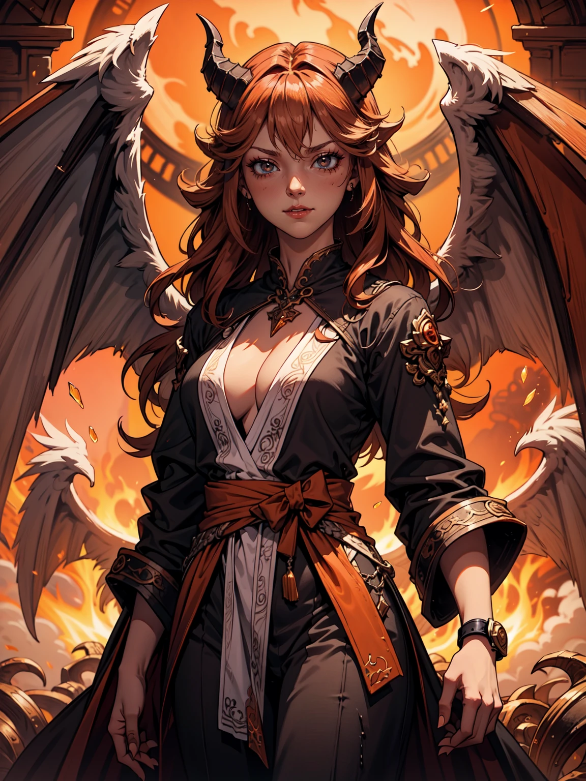 Ultra High Definition, Ultra High Quality, Hyper Definition, Hyper Quality, Hyper Detailed, Extremely Detailed, Perfectly Detailed, 8k, Demon Young Mistress, Scary, Long Orange Curly Hair, ((  Big Angel Dark Wings)), ((White-Orange Horns)), (Solid Orange Demon Eyes), Evil Smile, Dressed With Black Kimono, Pants, Town Fire Background