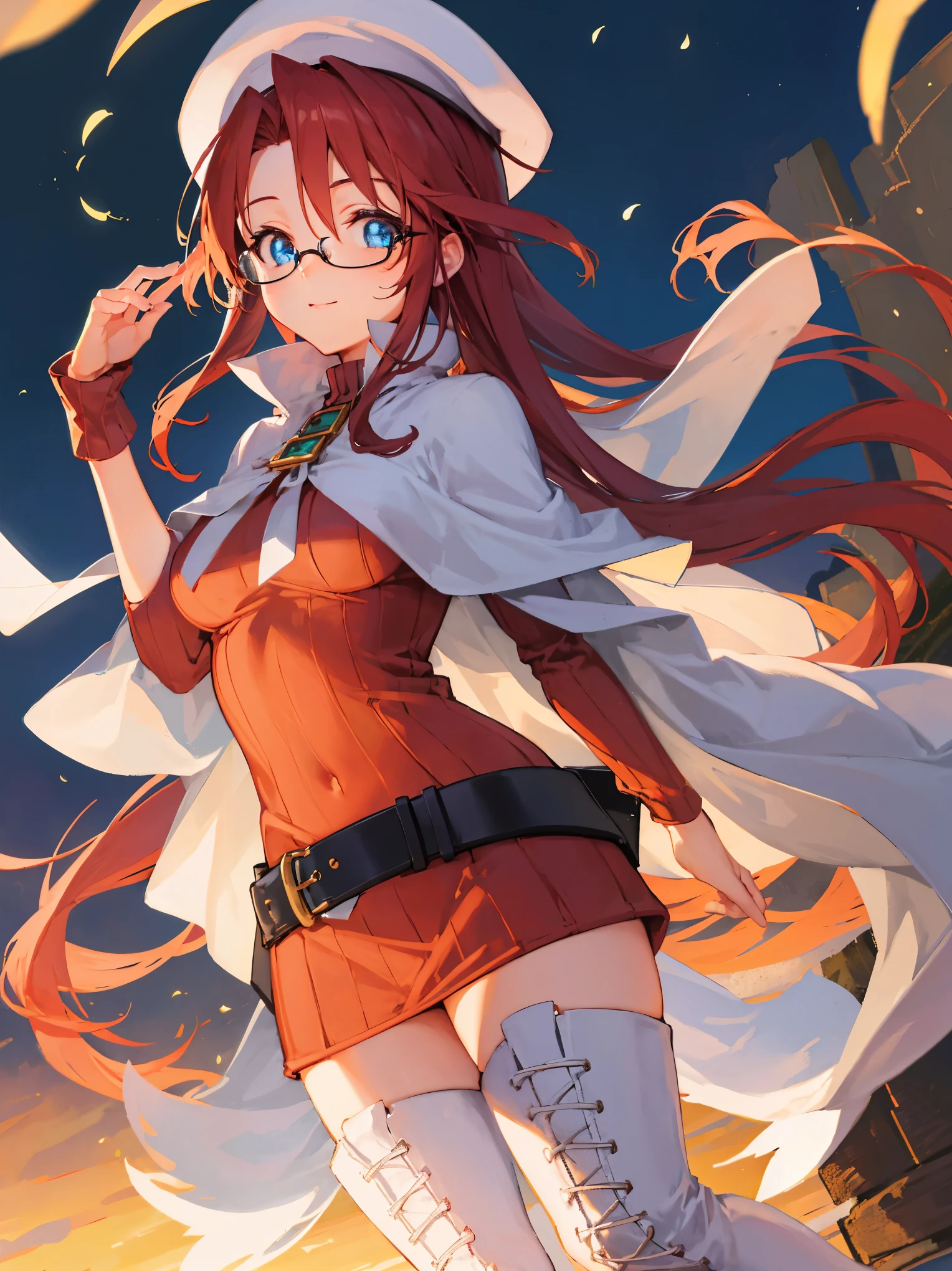 summonnightaty, aty, long hair, blue eyes, red hair, beret, hat, glasses,
BREAK long hair, thighhighs, hat, dress, boots, glasses, belt, cape, sweater, zettai ryouiki, beret, thigh boots, white footwear, ribbed sweater, loose belt,solo,
BREAK outdoors, fantasy,on_a_ship,
BREAK (masterpiece:1.2), best quality, high resolution, unity 8k wallpaper, (illustration:0.8), (beautiful detailed eyes:1.6), extremely detailed face, perfect lighting, extremely detailed CG, (perfect hands, perfect anatomy),covered_nipples,covered_navel,light_smile ,(half_eyes:1.4),sword,armpit,sleepy,dynamic_standing,barrel,red_sweater,apart_legs,magical_effect,back,