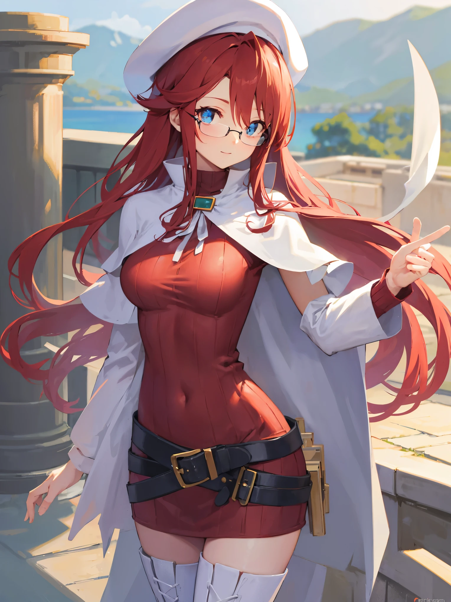 summonnightaty, aty, long hair, blue eyes, red hair, beret, hat, glasses,
BREAK long hair, thighhighs, hat, dress, boots, glasses, belt, cape, sweater, zettai ryouiki, beret, thigh boots, white footwear, ribbed sweater, loose belt,solo,
BREAK outdoors, fantasy,on_a_ship,
BREAK (masterpiece:1.2), best quality, high resolution, unity 8k wallpaper, (illustration:0.8), (beautiful detailed eyes:1.6), extremely detailed face, perfect lighting, extremely detailed CG, (perfect hands, perfect anatomy),covered_nipples,covered_navel,light_smile ,(half_eyes:1.4),sword,armpit,sleepy,dynamic_standing,barrel,red_sweater,apart_legs,magical_effect,back,