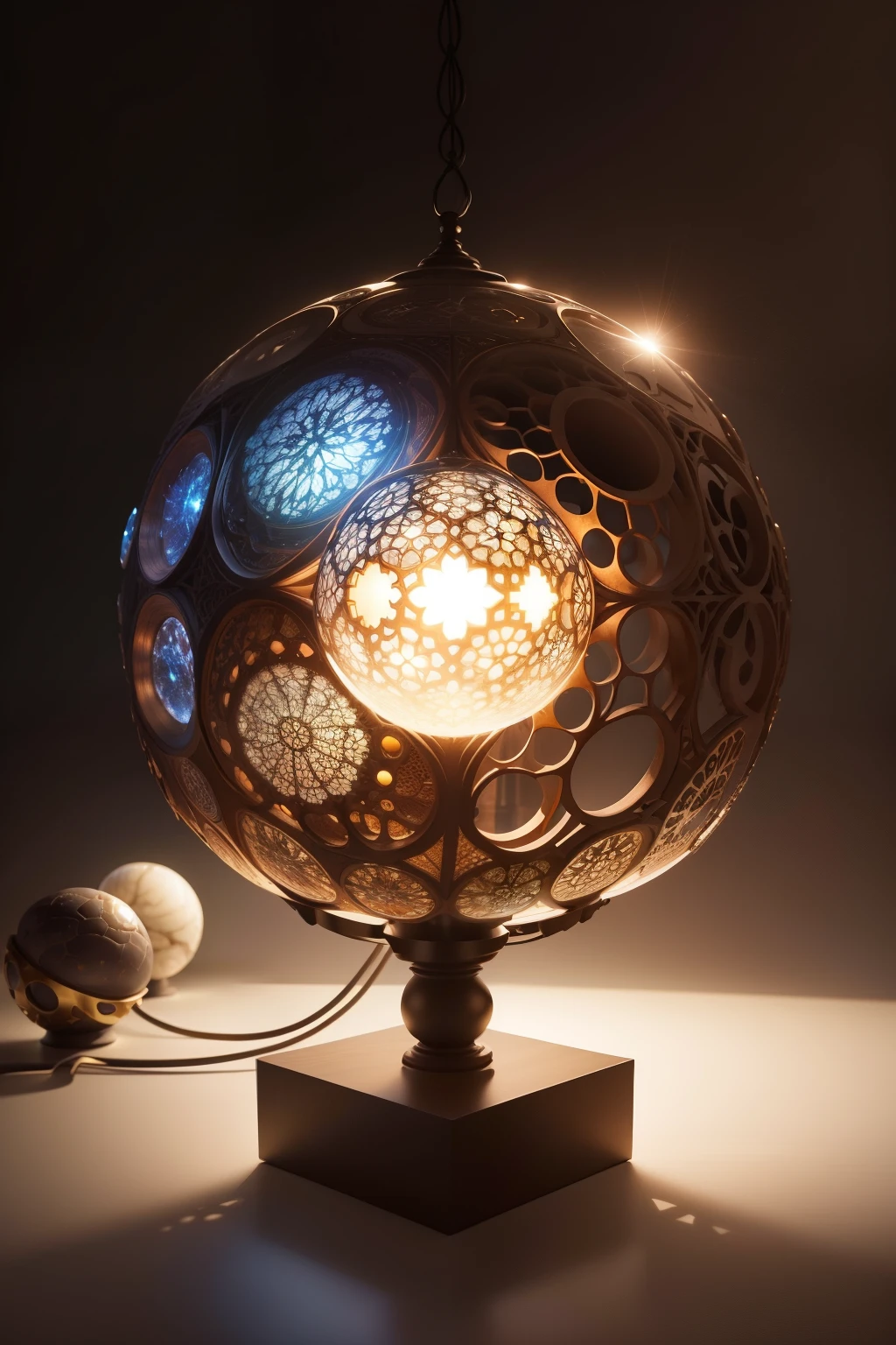 Create a spherical desk lamp that embodies the fusion of Gaudi's architectural vision and a youthful, futuristic touch, as if sculpted by the hands of time yet to come. With an axonometric perspective, the intricate, organic forms reminiscent of Gaudi's work are accentuated, revealing a harmonious balance between the classic and the contemporary. The glass globe encasing the light source glows with an ethereal, otherworldly radiance that beckons the viewer to explore its intricacies.