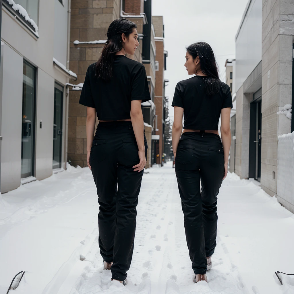 Female supermodel. Walking in the snow. Showing back. Black snow pants. Black T-shirt.
