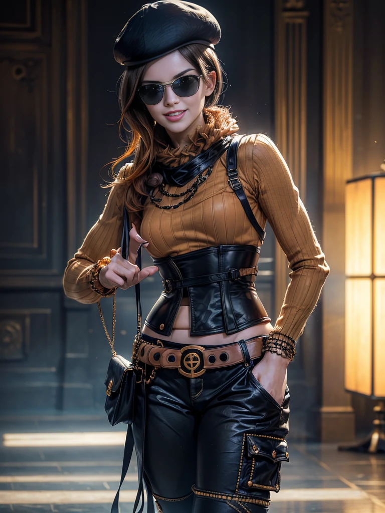 (masterpiece,stunning girlfriend, (standing:1.1), dynamic pose, heart shaped face,elegant face, beautiful face, highly detailed face, highly detailed skin, skin pores, subsurface scattering, realistic pupils, loving smile, looking at viewer, full lips, detailed background, depth of field, atmospheric perspective, volumetric lighting, sharp focus, absurdres, realistic proportions, good anatomy, (realistic, hyperrealistic:1.4), 16k hdr, (masterpiece, best quality:1.2), cowboy shot, solo, 1girl, coco adel, grin, looking at viewer, beret, sunglasses, orange sweater, corset, black gloves, pants, jewelry, belt, standing on ship, sea, blue sky, coast