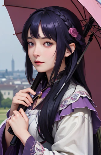 (masterpiece), (highest quality), HDR, intricate details, soft shadow, a shadow appears on the face, 1 girl, artist_request, length_sleeve, low resolution, parody, purple_eye, rose_maiden, alone, suigintou, umbrella, dark blue_hair, 鈍い前hair