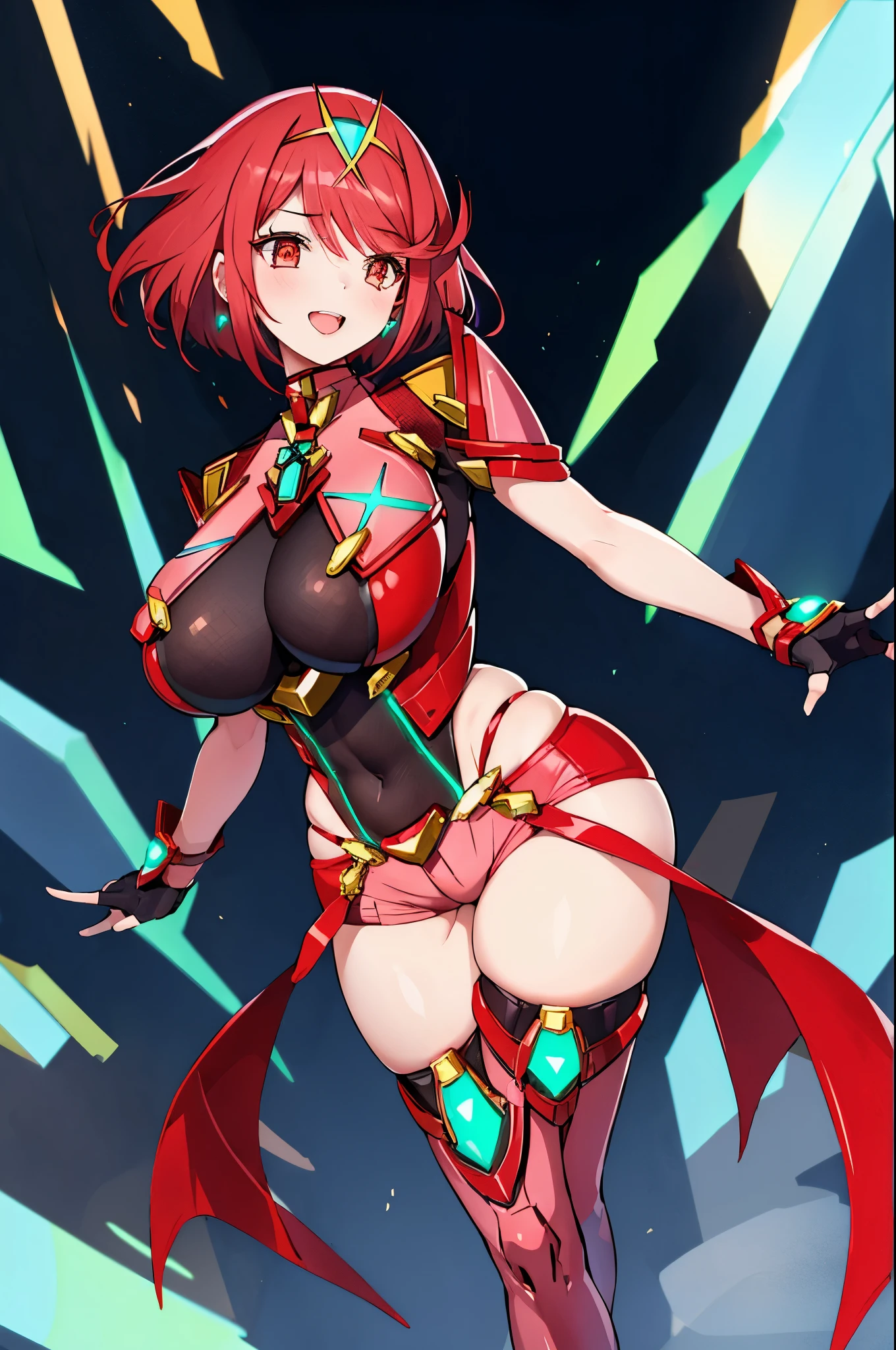 pyra \(xenoblade\), young__1girl, armor, bangs, black gloves, breasts, red eyes, closed mouth, earrings, eyelashes, fingerless gloves, floating hair, framed breasts, gem, gloves, hair ornament, headpiece, jewelry, big_breasts, leaning back, leotard, neon trim, official art, pose, red hair, red shorts, saitou masatsugu, short hair, short shorts, short sleeves, shorts, sidelocks, skin tight, solo, standing, swept bangs, thighhighs, tiara, night_prairie_background, turtleneck, underbust, vambraces, xenoblade chronicles \(series\), (xenoblade chronicles 2), apart_legs, fire_effect,dynamic_pose_fighting,light_smile, (plump:1.1), big_ass,huge_sword, hold_large_sword_hilt, solo, covered_nipples, covered_pussy,open_mouth,back_view,