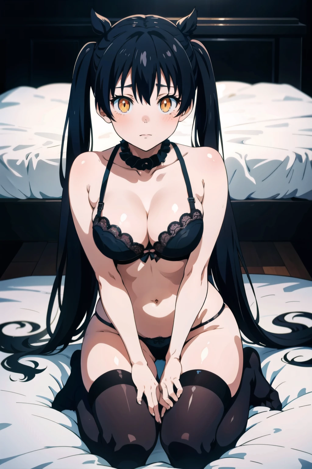 1girl, solo, Tamaki Kotatsu, happy , view at viewer, twintails, black hair, long hair, bangs, blush, orange eyes, beautiful lingerie, beautiful panties and bra , full body,  (masterpiece:1.2), highres, best quality, 8k, very clear,