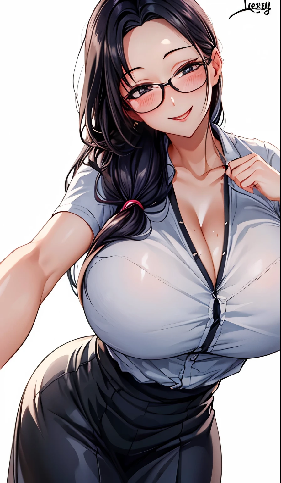 1 milf, long black hair, very big breasts, wearing glasses, smiling lewdly, blushing