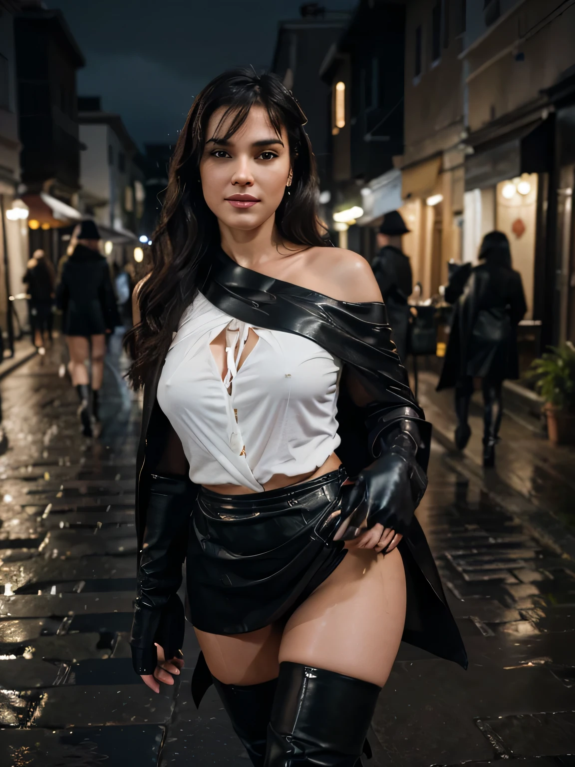 high resolution, masterpiece, best quality, intricate details, highly detailed, sharp focus, detailed skin, realistic skin texture, texture, detailed eyes, professional, 4k, shot on Canon, 85mm, shallow depth of field, kodak vision color, perfect fit body, extremely detailed, foto_\(ultra\), photorealistic, realistic, post-processing, maximum detail, roughness, real life, ultra realistic, photorealism, photography, 8k uhd, photography, walking in a candle night at Mykonos, incredible strong raining day,bags on her shoulders(full body portrait:1.1), beautiful soaked smiling opne lips,Bettie Page (wearing short black leather skirt, wrapped in a large black cloth cloak,long tight white gloves ,white cotton tie wrap blouse, thigh high stiletto boots), very detailed, 30 years old, flirtatious smile, wavy shoulder length hair
