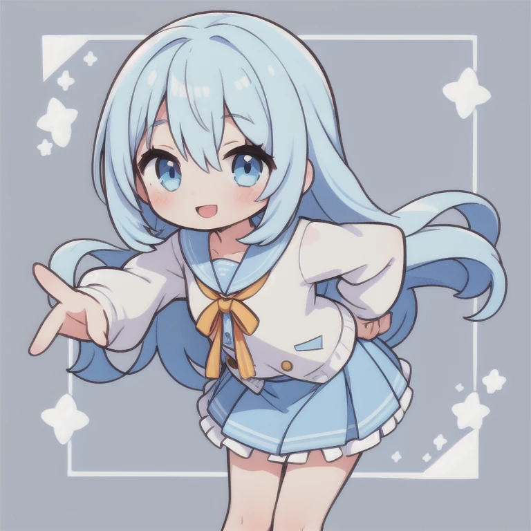 1 girl, Big eyes, long eyelashes,Light blue skirt,light blue long hair,light blue eyes, Stamps that can be used in messages,  reach out your hand, smile,  Hands tied behind your back, Put one foot out, leaning forward