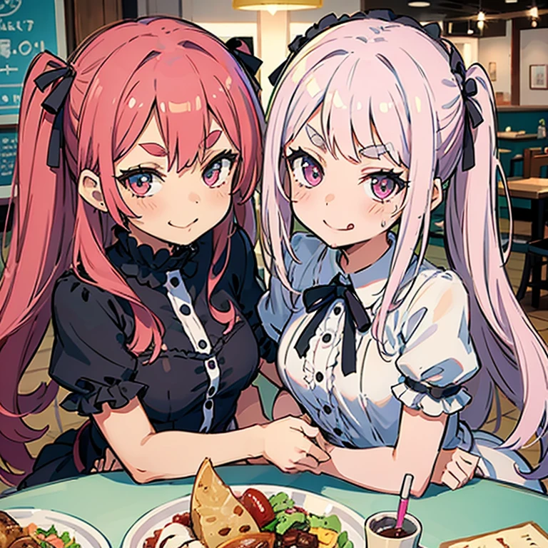 Girl with pink hair, long double-tailed hairstyle, ((small pink bushy eyebrows)), wearing lolita clothing, , lolicon (Zankuro) drawing style by zankuro artist, Zancro style, image uploaded to R34, flirty smile, showing one breast outside the shirt, face very close to the camera, moan and drool) happy face wavy smile , showing pubis, in restaurant