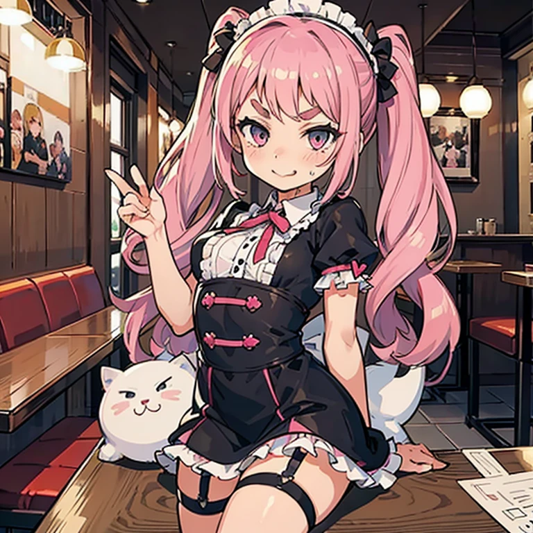 Girl with pink hair, long double-tailed hairstyle, ((small pink bushy eyebrows)), wearing lolita clothing, , lolicon (Zankuro) drawing style by zankuro artist, Zancro style, image uploaded to R34, flirty smile, showing one breast outside the shirt, face very close to the camera, moan and drool) happy face wavy smile , showing pubis, in restaurant